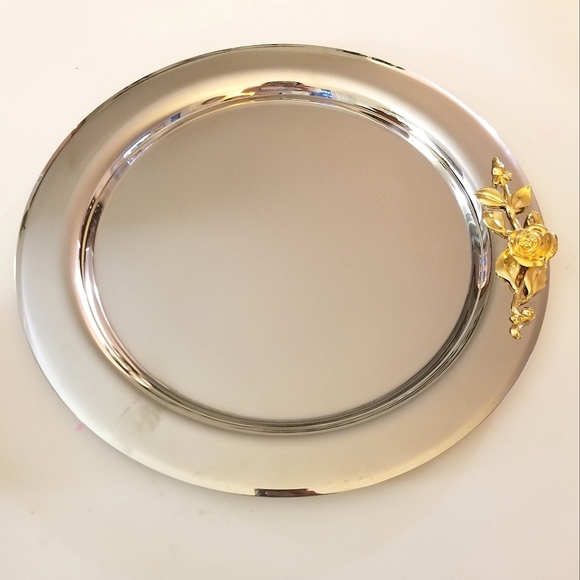 Oneida Other - ROUND 24K Gold Plated Damask Rose Adorned Oneida Stainless Tray